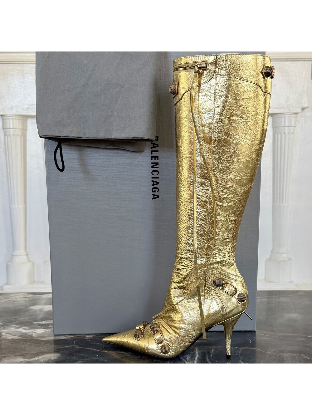 NIB $2,600 Balenciaga Le Cagole Leather Designer Boot DEMNA Gold knee 37 694395